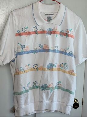 Vintage Alfred Dunner Petite Seashell Embroidered Coastal Polo Top PM